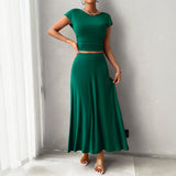 Dili 2025 Spring And Summer Short-Sleeved Women's Temperament Solid Color Short-Sleeved Skirt Set