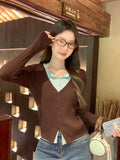 Fake Two Splicing Double-Necked Long-Sleeved Knitted Shirt Women 2026 Early Autumn New Single-Dcupuncture V-Necks On The Shoulders
