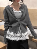 Korean Retro Gray Knitted Cardigan Sweater Coat Women Early Spring With Folding Design Sense Of Unique Top