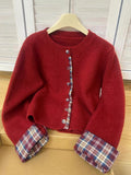 Fake Two Korean Round Collar Spliced Lattice Sweater Women 2025 Autumn And Winter New Knitted Coat Loose Casual Opener