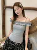 Spice Girls Sexy One-Word Collared Shoulder Wood Ear Pure Desire Short-Sleeved T-Shirt Girl Summer New Super-Good-Looking Repair Body