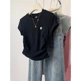 Short-Sleeved T-Shirt Female Gray Love Embroidery Short Model 2025 New Design Embroidery Shoulder Blouse Hottie