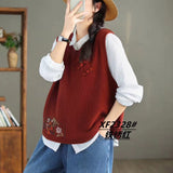 Vintage Art Buckle Embroidered Knitted Vest For Women's Extra-In-2025 Spring New Round-Neck Cotton Sweater Vest