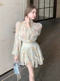 Tea Break French Dress Long Sleeve V Collar Bubble Sleeves To Close Waist Yellow Floral Dress Temperament Waist Fairy Dress Summer Autumn