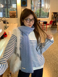 Blue And White Hit Striped Knitted Sweater Women's Autumn Winter Loose Lazy High-End Feeling In The Bottom Shirt
