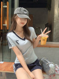 Lace Spliced Blue V-Neck Shoulder Short-Sleeved T-Shirt Women 2026 Summer New Design With Pure Lustful Chic Top
