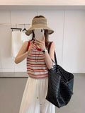 Red Striped U-Neck Vest Sling Women's Summer Wear Design Loose Short Knitted Shirt Thin