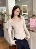 Linen High-End Feel Oblique Shoulder Long-Sleeved T-Shirt 2026 Autumn Collared Shoulder-Bottomed Shirt Inside The Shirt