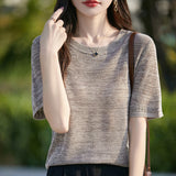 2025 Summer New Round Collar Knitted Short-Sleeved T-Shirt Women's Knitted Knitted Jersey Loose Lazy Blouse Lyselle Thin