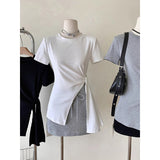 Irregular Open Fork Design Pure Cotton Short Sleeve T-Shirt Girl 2025 Spring And Summer Stew Pure Lust Hot Girl Bottom Shirt Top