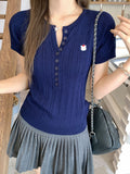 Korean Ash Hemp Shoulder Short-Sleeved T-Shirt Girl Summer New Hottie Slimming Embroidered Knitted Shirt Top