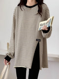 Pure Cotton Striped T-Shirt Women's Bottoming Shirt Korean Version Of The Large-Size Loose Open-Fork Niche Long-Sleeved Top Spring And Autumn Tide