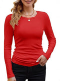 2025 Women's Women's New Ribs Cotton Fabric Base Round Neck Solid Long-Sleeved T-Shirt