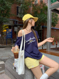 Blue Oblique Angled Shoulder Beautiful Short-Sleeved T-Shirt Women's 2026 Spring And Summer New Lazy Style Loose Shoulder Coat