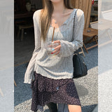 Summer Micro-Permeable V-Neck Wood Ear Loose Sun Protection Shirt Ice Silk Thin Summer Long-Sleeved T-Shirt Girl Lazy Blouse