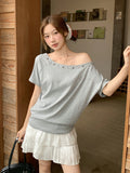 Korean Hot Diamond Willow Embroidered Slanted Shoulder Sleeves T-Shirt 2026 Summer New Unique Beautiful Word On The Shoulder