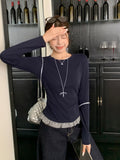 Tibetan Blue Bow Lattice Spliced Hem Long-Sleeved T-Shirt Girl 2026 Early Autumn Folded Empty Bottom Shirt Top