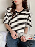 Striped T-Shirt Women's Short-Sleeved Summer 2025 New Cotton Top Loose Thin Circle Neck-Triped Style