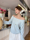Milk Green Oblique Shoulder Pure Lusty Long-Sleeved T-Shirt Girl Early Autumn Shoulder Relaxation Feeling Lazy Bottom Top