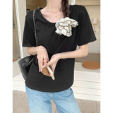 Pink U-Neck Shoulder Short-Sleeved Women's T-Shirt Summer New Large-Size Fat Mm Shaved Stomach Big Thin Loose Tops Hidden Meat