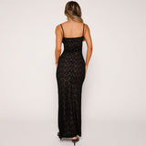 Suspension Deep V Lace Perspective Dress Pocketed Hips Solid Color-Dexed Sexy Long Dress