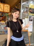 Unique Super-Looking Lattice Lotus Side Splicing Round Neck Collar T-Shirt New Thin Temperament Small Top