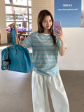Fashion High-End Color Striped Round-Neck Short-Sleeved T-Shirt For Women's Summer New Loose Meat Masking Thin Casual Blouse