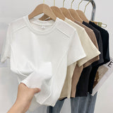 Solid Color Round-Neck Short Sleeves T-Shirt Women 2026 Summer European Goods New Gas-Retro-Ageed Fish Bone Short Shoulder Shirt