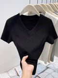 European Gray V-Neck Short-Sleeved Summer T-Shirt Girl 2025 New Design To Repair The Slim Solid Color Fish Bone Waist Top