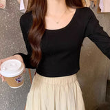 Round Collar Shoulder Cotton T-Shirt Women's Long Sleeves With Autumn New Elastic Slimming Hottie Bottom Shirt