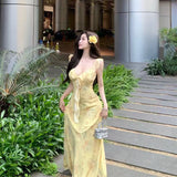 Yellow Print Sling Dress Women's Summer French Lotus Side Small Flying Sleeve Skirt To Close The Waist Temperament Fairy Dress
