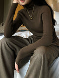 Ultra-Good-Looking High-Collared Bottom Shirt Women's Autumn And Winter Knitted Shirt Woolen Meat With Wide Leg Trousers Tops