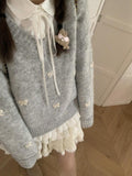 Autumn Soft Glutinous Jace Bow V-Neck Gray Sweater Sweet Loose Lazy Knitted Shirt Winter