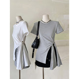 European Gray V-Neck Short-Sleeved Summer T-Shirt Girl 2025 New Design To Repair The Slim Solid Color Fish Bone Waist Top