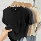 Solid Color Round-Neck Short Sleeves T-Shirt Women 2026 Summer European Goods New Gas-Retro-Ageed Fish Bone Short Shoulder Shirt
