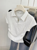 Design Feel Waist Polo Collar Front Shoulder Short-Sleeved Women's Top Summer Hottie V Collar Slimy T-Shirt