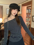 Small Hit-Colored Striped Hottie Closes Waist Long-Sleeved T-Shirt Girl 2026 Autumn Korean Slanted Folded Bottom Top