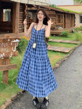 Blue Lattice Loose Sling Dress Women 2026 Summer New Sweet Thin Swing Skirt Mid-Long Skirt