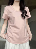 Short-Sleeved Women's Summer 2025 New Pink Shoulder T-Shirt Korean Loose Simple Leisure Thin U Collar Top