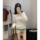 Black Slack Feel Inclined Angle Shoulder Long-Sleeved T-Shirt Girl Out-To-Shoulder Early Autumn Lazy Loose Babes Sexy Shoulder
