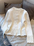 French Hollow Lace Collar Single Buckle Knitted Cardigan Women's Autumn And Winter Gentle Wind Loose Short Sweater Coat