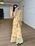 French Beautiful Yellow Lotus Edge V-Neck Crumbs Hanging Dress Women's Summer Super Good-Looking Dopamine Waist Dress