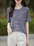 2025 Summer New Round Collar Knitted Short-Sleeved T-Shirt Women's Knitted Knitted Jersey Loose Lazy Blouse Lyselle Thin