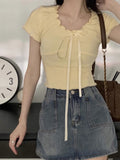 Design Wood Ear With Short-Sleeved T-Shirt For Women's Summer Pure-Want Style Slim Short V-Neck Top Hot Girl