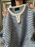 Korean Vintage High-Sense Blue Striped Long-Sleeved Knitted Sweater Women's Autumn And Winter 2025 Loose Coat