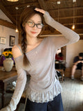 Korean Collared Long-Sleeved T-Shirt Girl Spring New Lace Spliced Under The Hem Wrinkled Thin Temperament Small Blouse
