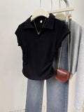 Design Feel Waist Polo Collar Front Shoulder Short-Sleeved Women's Top Summer Hottie V Collar Slimy T-Shirt
