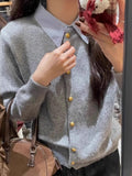 Grey Shirt Collar Splicing Fake Two Sweaters Girl Spring And Autumn Small ManÐÞ Wearing Knitted Open Shirt Collar Top