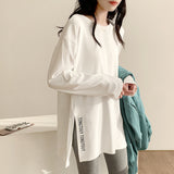Dehose Plus Velvet Autumn And Winter Bottoming Shirt Women's Long Side Open Fork White T-Shirt Long Sleeve Loose Inside Top