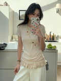 Flower Ash Pure Lustful Lace Splicing Short-Sleeved T-Shirt For Women In The Spring And Summer Of 2026 Folded Bottom Shirt Tops